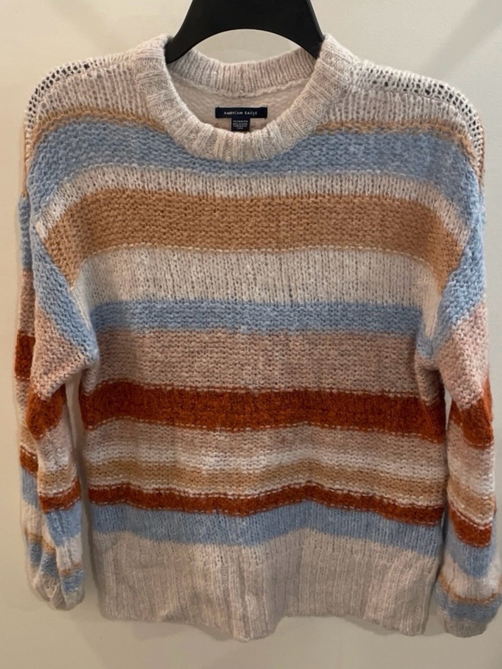 American Eagle Striped Beige Tan Blue Rust Crewneck Sweater Women XS